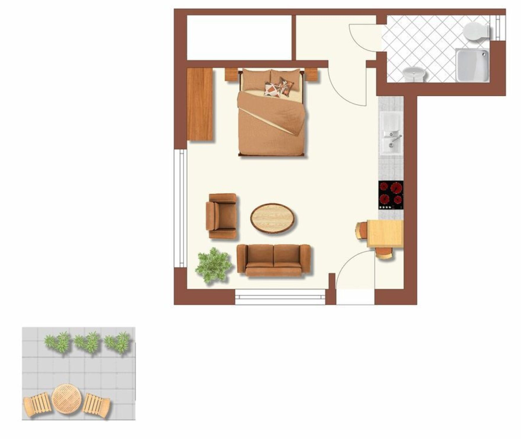 A 2-bedroom apartment layout with a living room, two bedrooms, a kitchen, and a bathroom.