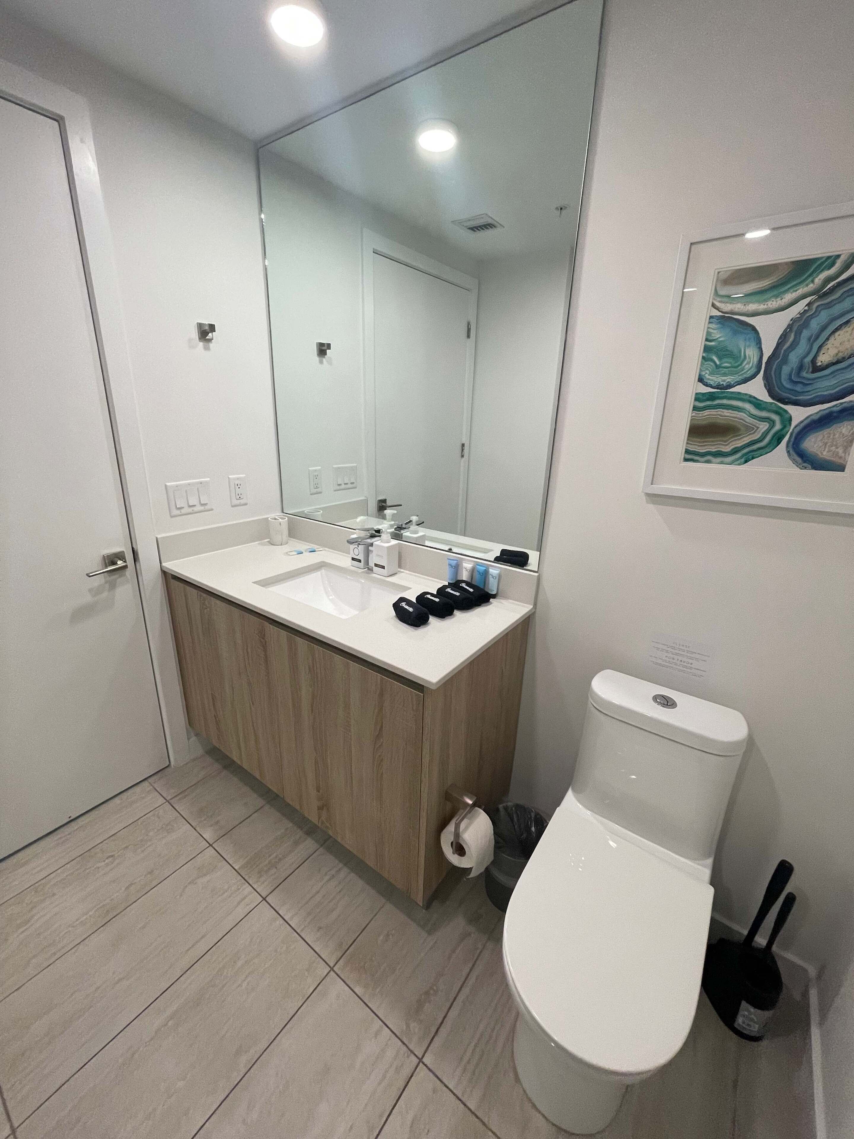 Ein modernes Badezimmer mit einem Holzwaschtisch, einer weißen Spüle und einer Toilette.