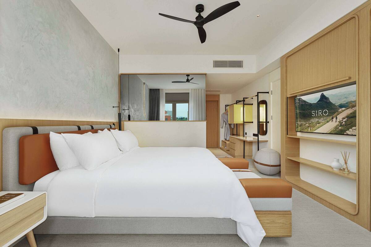 A modern hotel room with a large bed, a ceiling fan, a TV, and a view of a mountainous landscape.