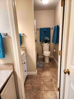 A bathroom with a toilet, sink, and shower. There are blue towels hanging on the wall. - Mountain View Suite at Jiminy Peak - Ski On Off - Near Elevator, Pool, and Lobby (Hancock)