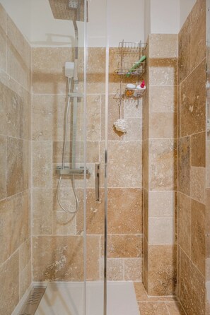 Hair dryer, towels, soap, toilet paper