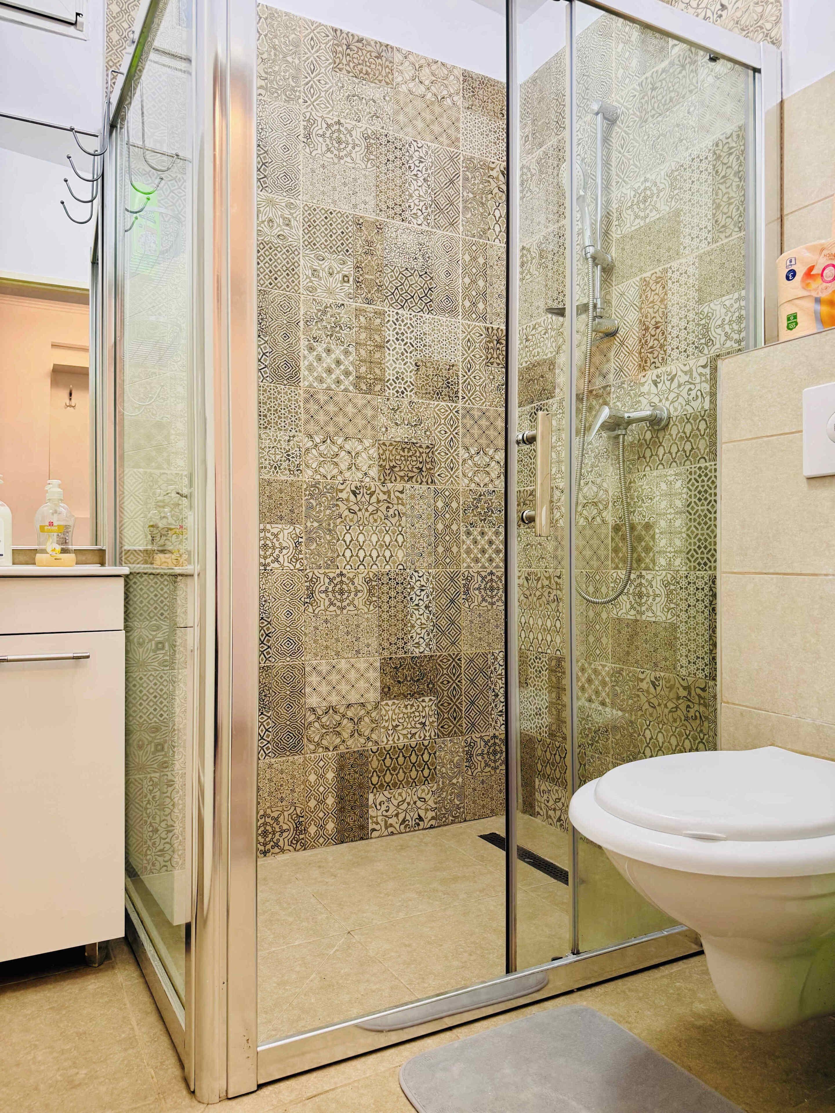 Shower, hair dryer, towels, shampoo