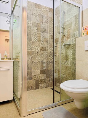 Dusche, Haartrockner, Handtücher, Shampoo