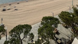 Vista aérea de una playa con una extensa franja de arena, algunas construcciones y árboles.