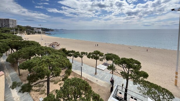 A beach with a clear sky, a sandy shore, and a few people. There are trees and a building in the background. - Beachfront apartment: 1 bedroom, terrace, parking (Platja d'Aro)