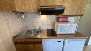 A compact kitchen with wooden cabinets, a stainless steel sink, a microwave, and a dishwasher. - Cozy studio 4 ppl at slopes' foot (Laveissière)