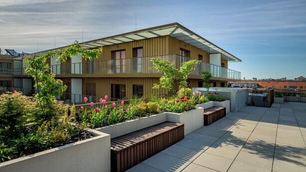 A modern building with a flat roof, large windows, and a balcony. There are flower beds with various plants and flowers. - RentPlanet - Apartament Czysta (Wroclaw)