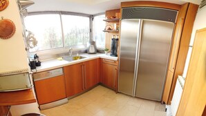 A compact kitchen with wooden cabinets, a stainless steel refrigerator, a sink, and a window providing natural light. - Spacious Penthouse-5 Rooms apartment in Best location  (Jerusalem)