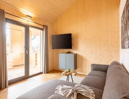 A modern living room with a grey sofa, a flat-screen TV mounted on the wall, and a sliding glass door leading to an outdoor area.