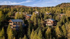 Eine Gruppe Holzhütten, umgeben von dichtem Wald, mit mehreren Etagen und Balkonen.