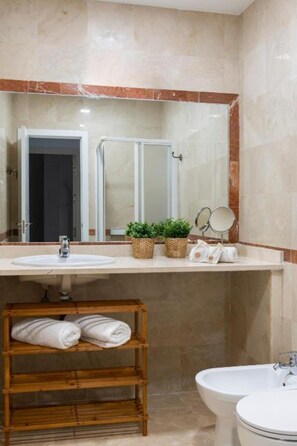 Hair dryer, bidet, towels, soap