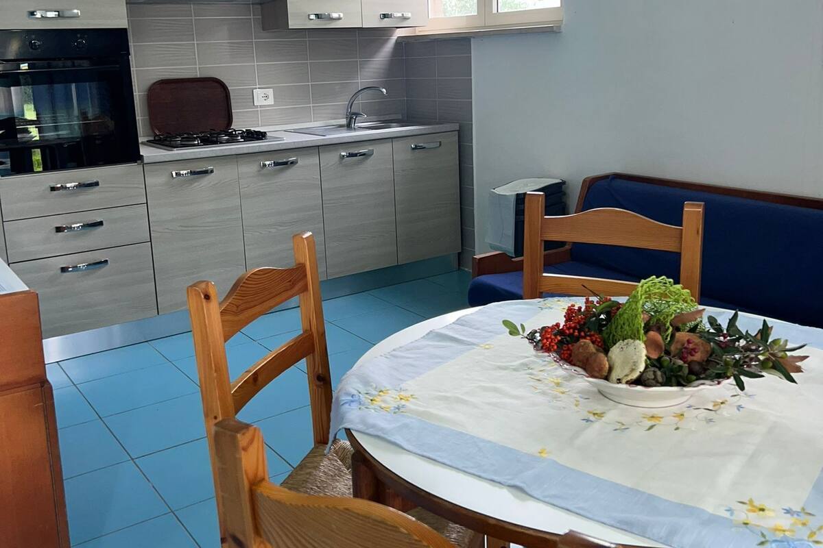 Moderni keittiö, jossa on harmaat kaapit, liesi ja pesuallas. Keittiössä on ruokapöytä, jonka päällä on kukkakuviollinen pöytäliina, sekä tuoleja.