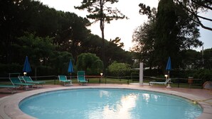 A swimming pool with lounge chairs and umbrellas, surrounded by trees and a fence. - ITALY VILLAGE (Sessa Aurunca)