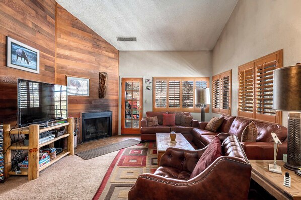 Televisión, chimenea, reproductor de DVD