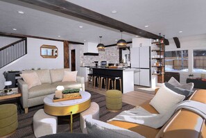 Télévision, cheminée, livres, espaces bureaux