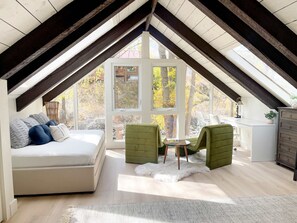 TV, fireplace, books, offices