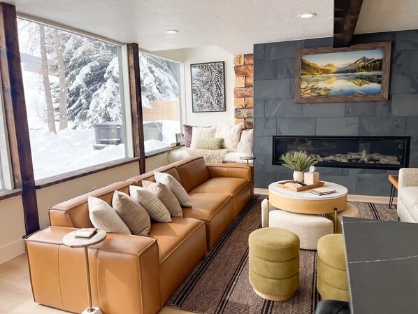 TV, fireplace, books, offices