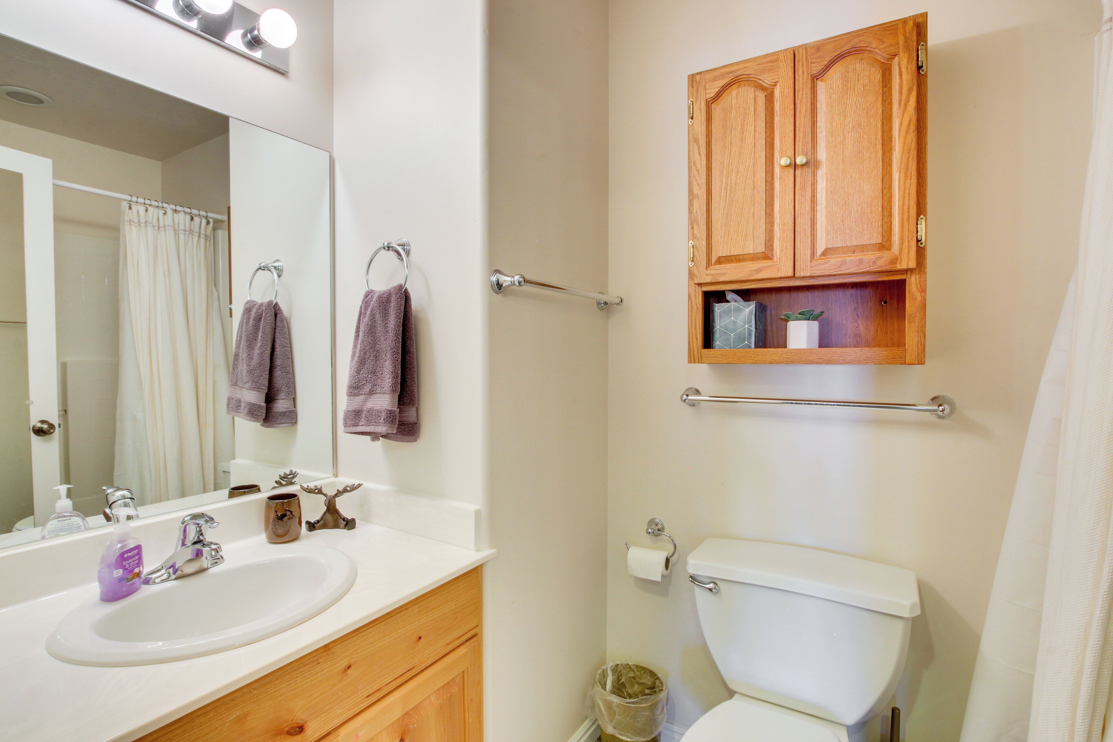 Une salle de bain avec un lavabo blanc, un miroir, un meuble en bois et des toilettes.