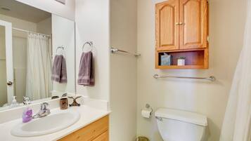 Une salle de bain avec un lavabo blanc, un miroir, un meuble en bois et des toilettes.