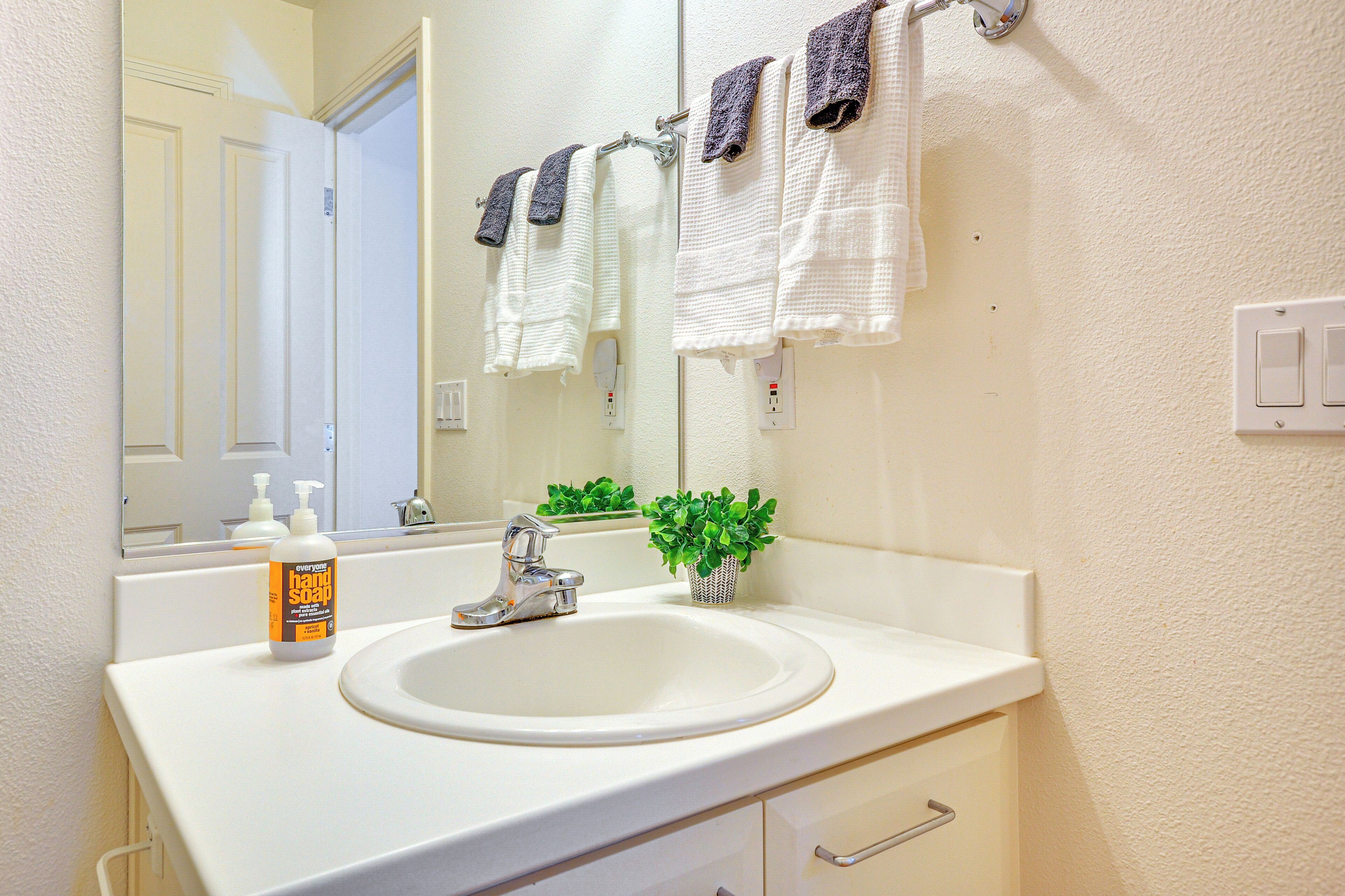 A bathroom with a white sink, a mirror, a hand soap dispenser, and a small potted plant.