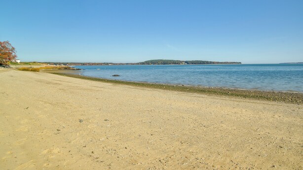 A sandy beach with clear blue water and a distant island. - Walk to Grays Beach Park: Kingston Seaside Escape (Kingston)