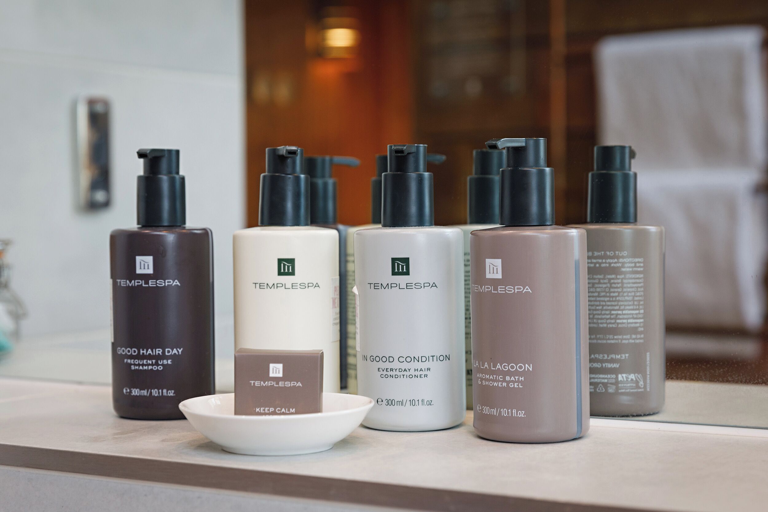 A selection of Templespa hair care products on a countertop.