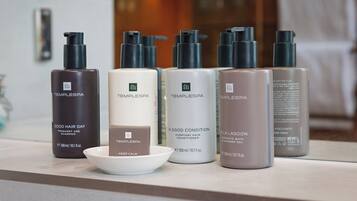 A selection of Templespa hair care products on a countertop.