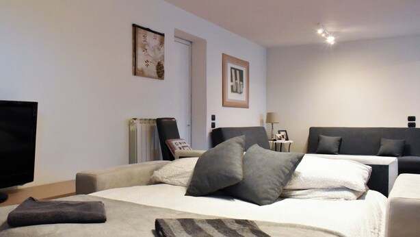 Une chambre d’hôtel avec deux lits, une télévision et une porte.