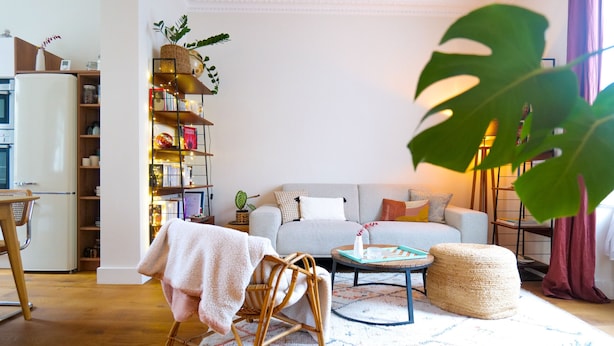 A cozy living room with a sofa, a coffee table, a wicker chair, and a bookshelf with decorative items. - Superb House in the Gare District - Angers, for 4 People (Angers)