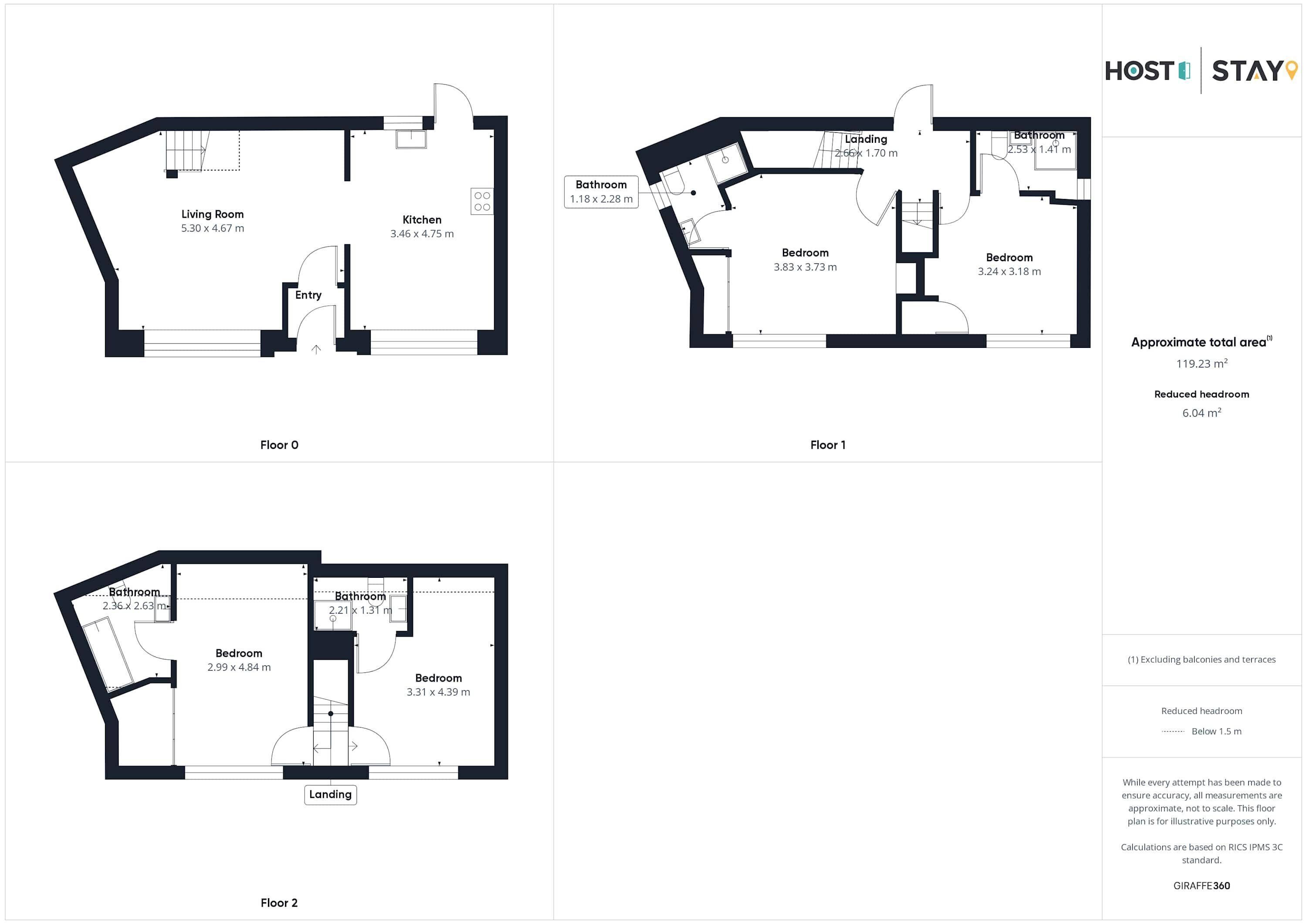 Floor plans of a hotel with three bedrooms, two bathrooms, a kitchen, and a living room.