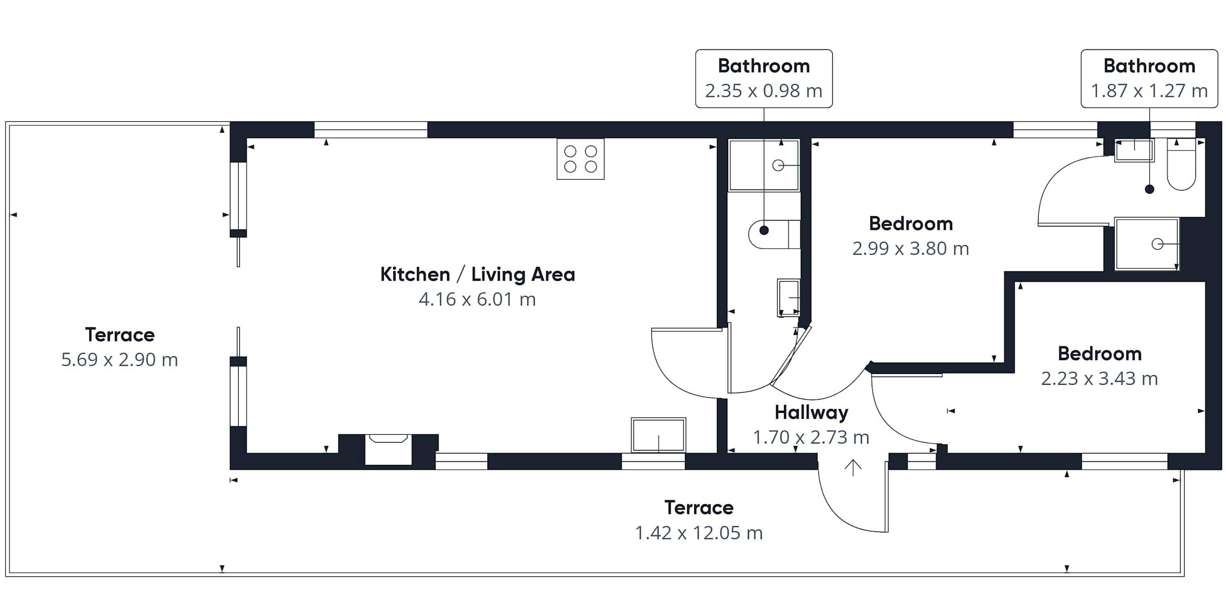 Un plan d’étage d’une maison comprenant une cuisine ouverte sur le salon, deux chambres, deux salles de bain et deux terrasses.