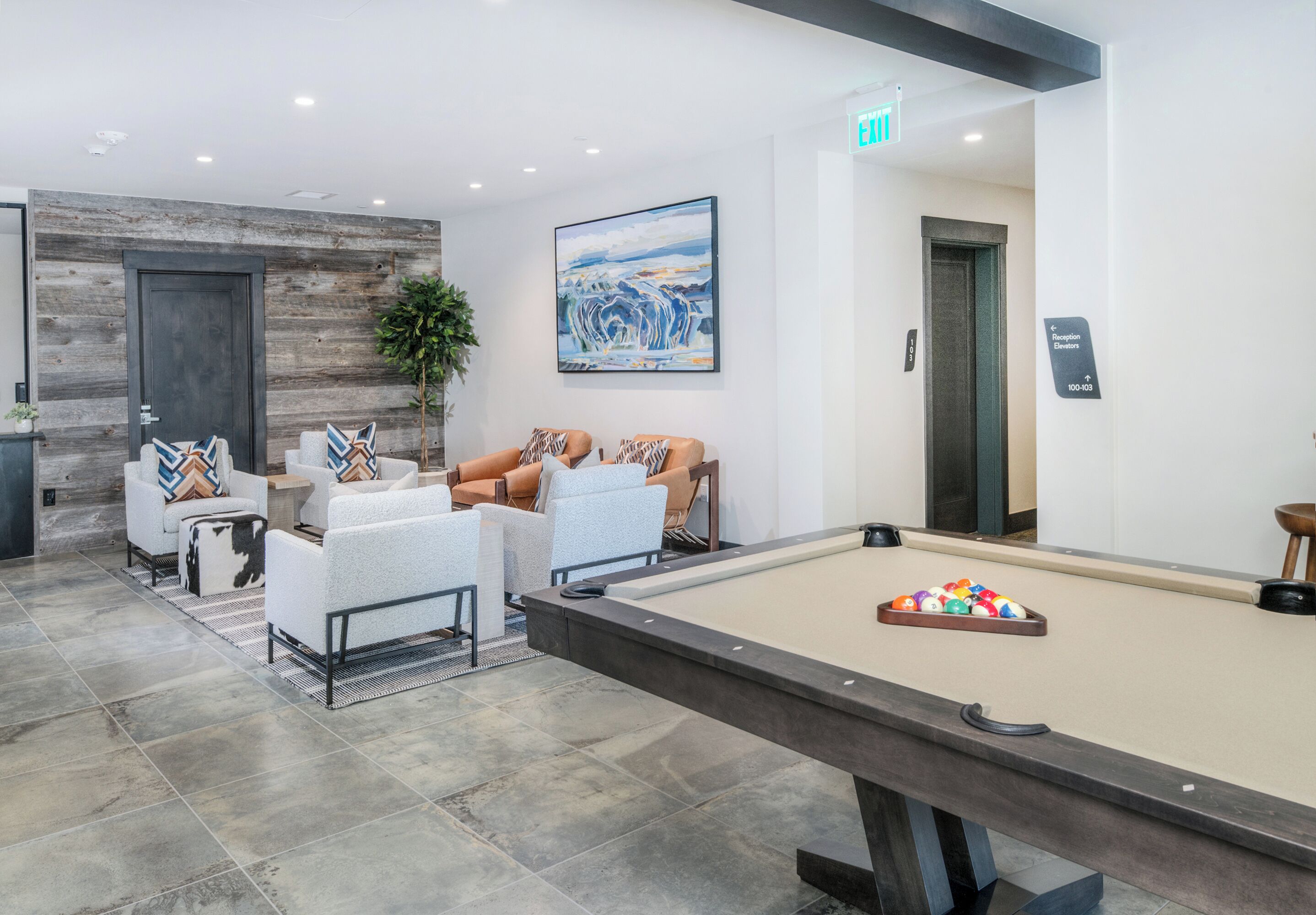 A billiards table with a pool cue and balls, a sofa with patterned cushions, and a wall-mounted painting.