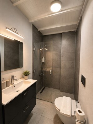 Dusche, Haartrockner, Hausschuhe, Handtücher