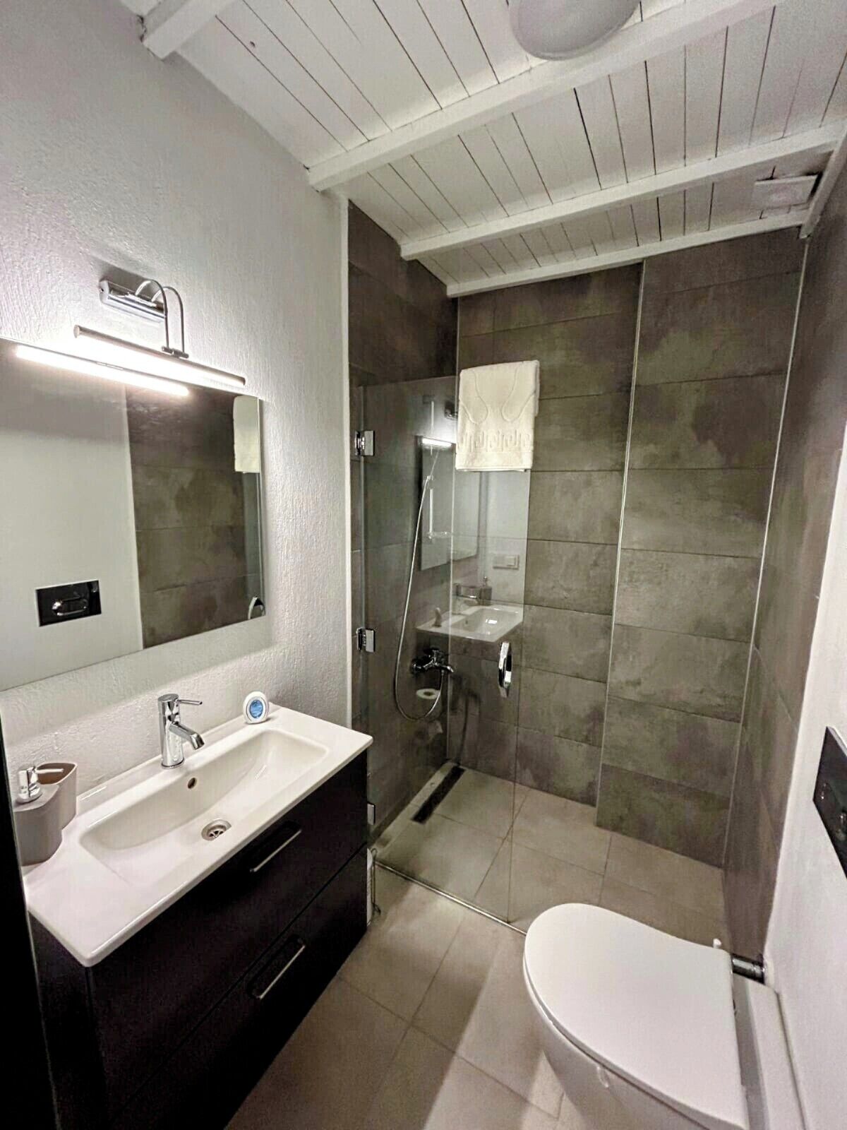 Shower, hair dryer, slippers, towels