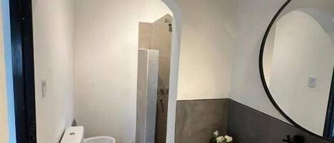 Hair dryer, towels, soap, toilet paper