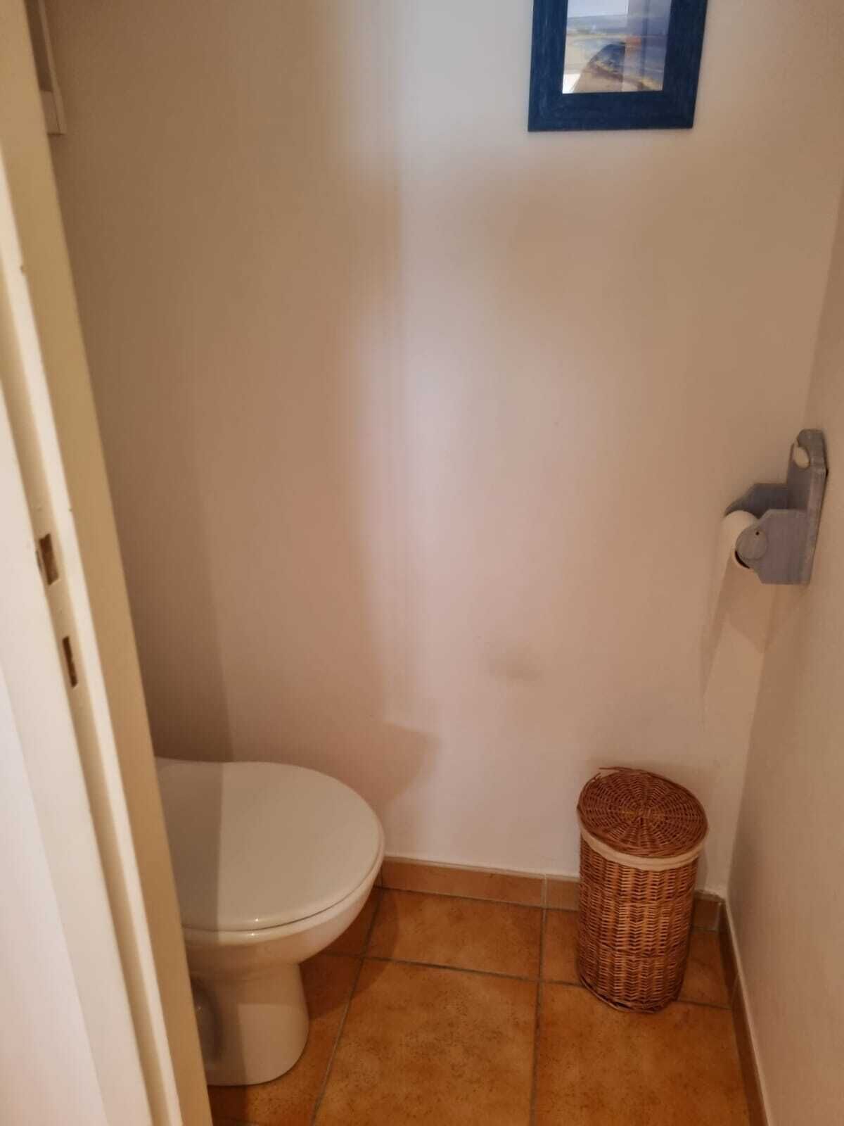 Une petite salle de bain étroite, avec des toilettes blanches, une corbeille à déchets en osier et un tableau encadré accroché au mur.