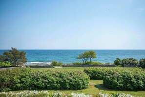 Un paysage côtier avec vue sur la mer, un mur de pierre et une végétation luxuriante.