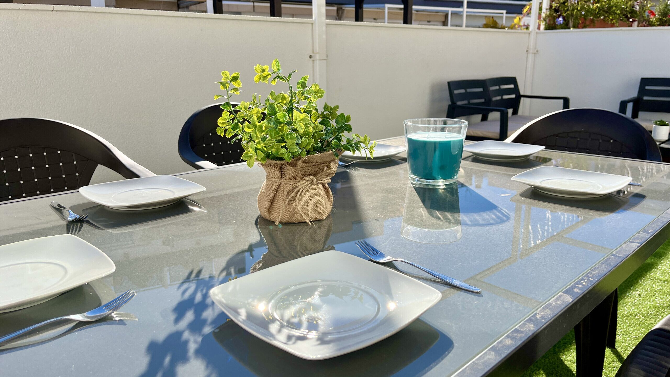 A table set for dining outdoors with plates, cutlery, a glass of blue beverage, and a potted plant.