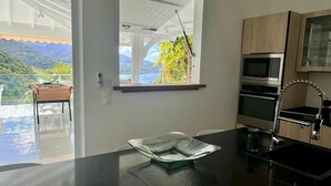 A modern kitchen with a black countertop, a glass dish, a window with a view of greenery, and built-in appliances.