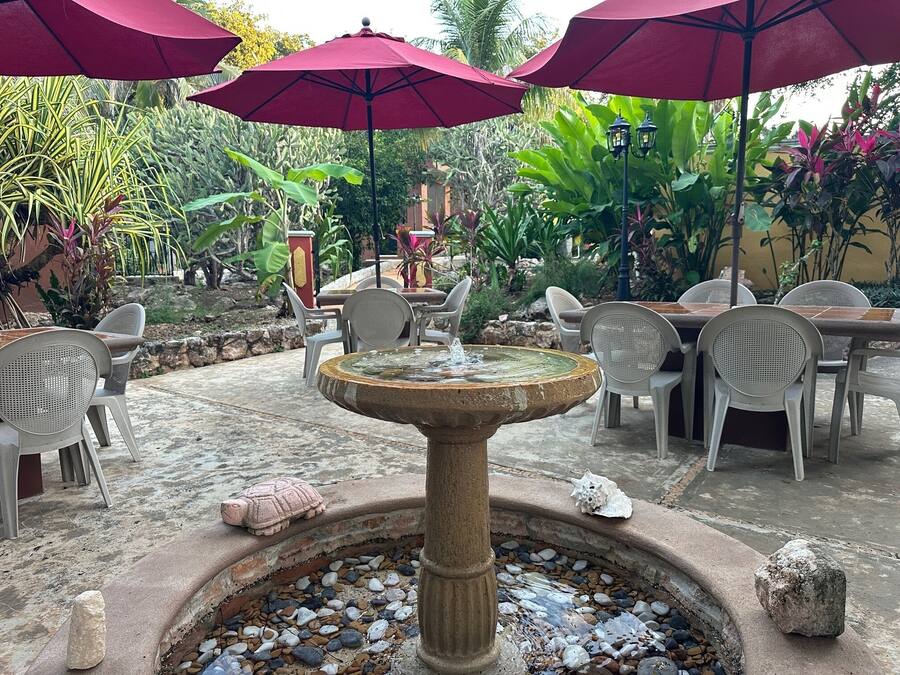 A garden area with a stone fountain, outdoor seating, and umbrellas.