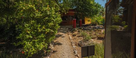 A garden pathway leading to a building with a red door, surrounded by various plants and rocks.