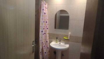 Shower, rainfall showerhead, hair dryer, soap