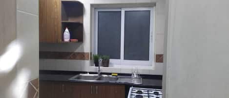 Full-size fridge, oven, stovetop, rice cooker