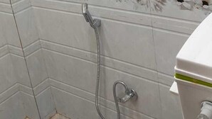 Ein Badezimmer mit weißen Fliesen und einem Blumenmuster, eine Toilette und eine Dusche mit Schlauch.