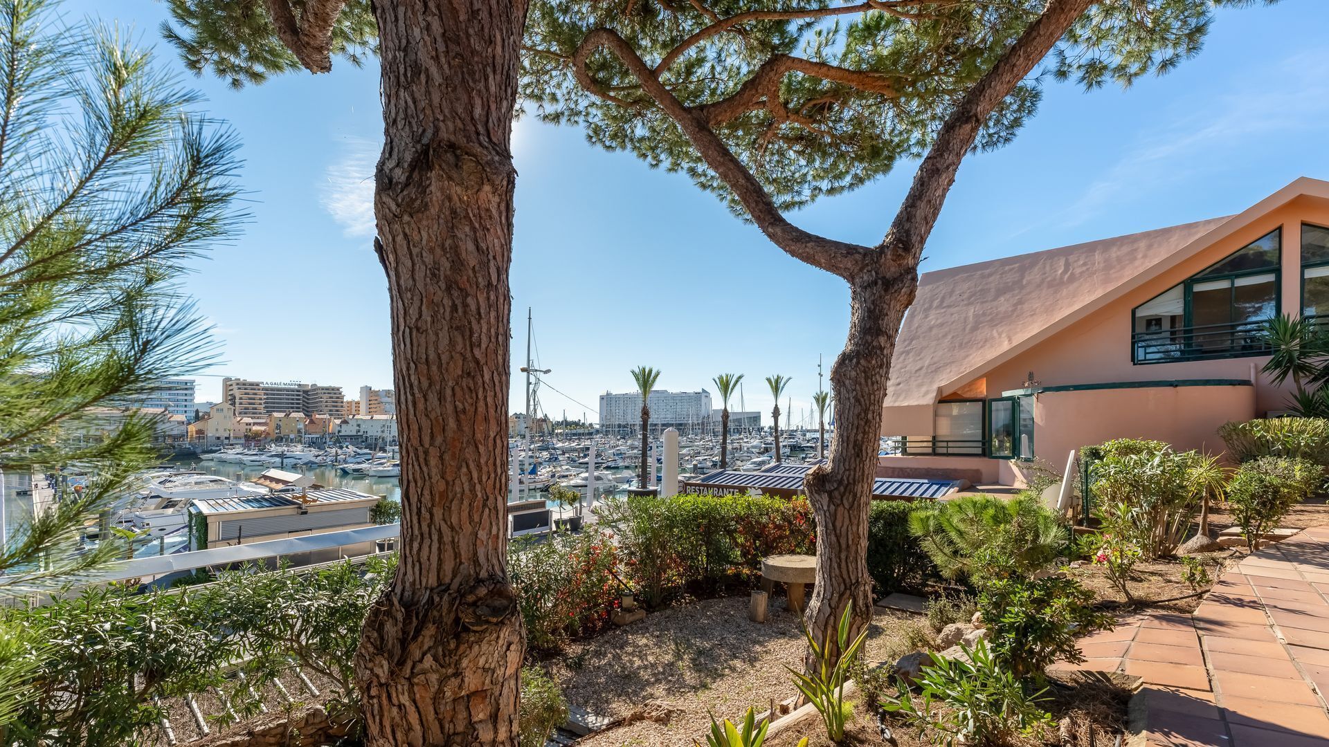 A coastal view with a modern building, marina, and clear skies.