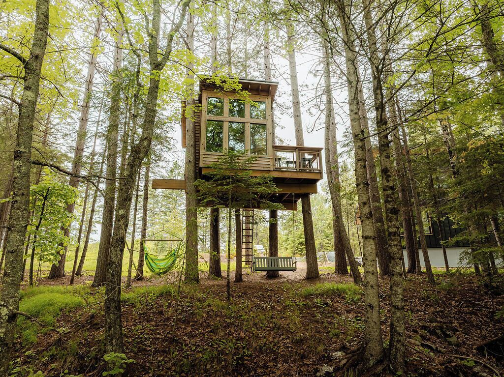 Une cabane dans les arbres dotée d’une terrasse en bois et d’un banc, entourée d’une forêt.