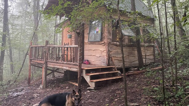 A rustic cabin with a wooden deck and a small porch, surrounded by dense forest. - Unplug and hide from the world in this rustic South Pittsburg cabin (South Pittsburg)
