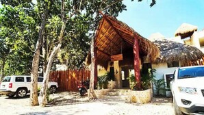 A rustic building with a thatched roof, surrounded by trees and parked vehicles.