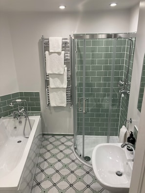 Hair dryer, towels, soap, toilet paper