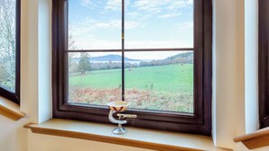 Ein Fenster mit Blick auf ein grünes Feld und eine entfernte Brücke.